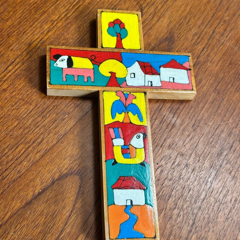 Hand Painted Wood Folk Art Cross Village Scene 10" Religious Christian Spiritual